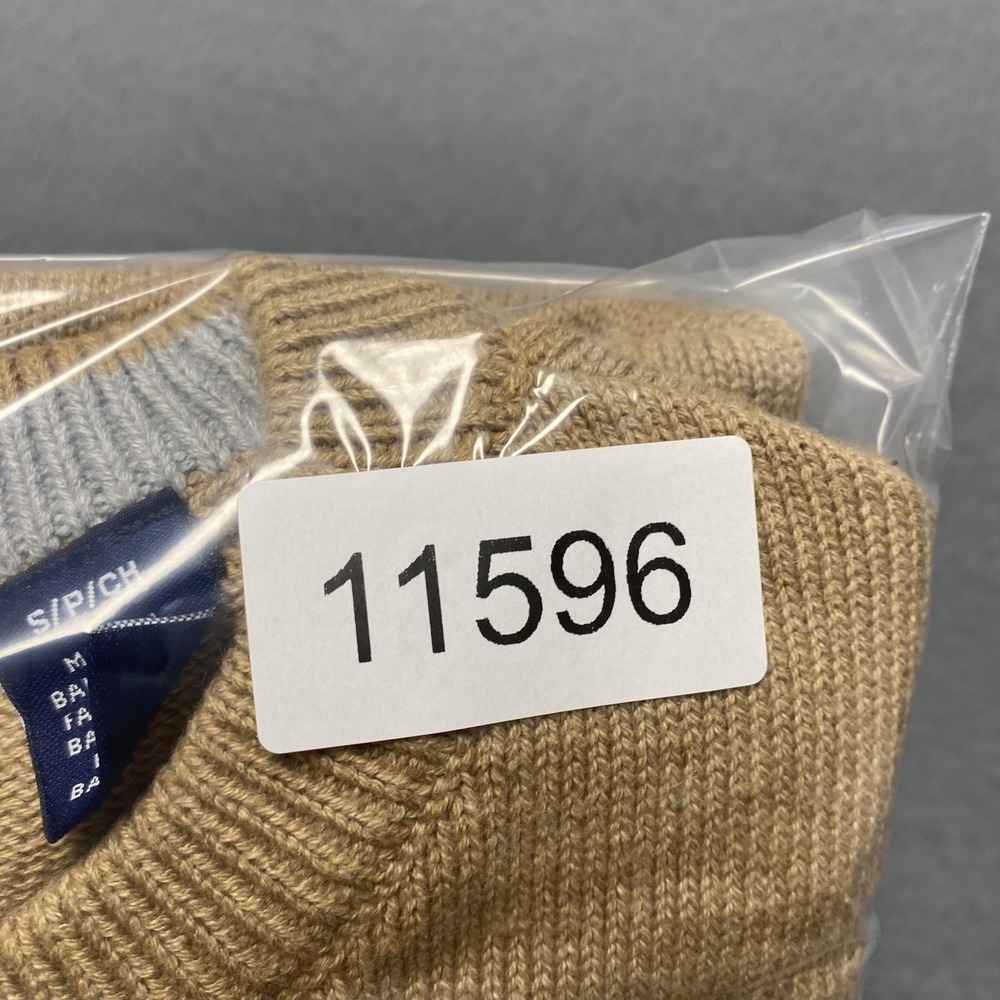 Chaps Sweater Mens Small Beige Gray Stripe Cotton Crewneck Knit Pullover Logo - Picture 8 of 8